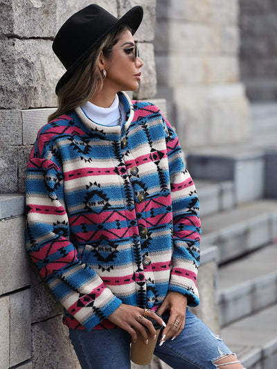 Long-sleeved Geometric Pattern Fleece Jacket