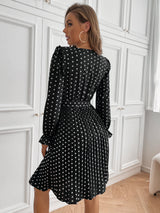 Retro Polka-dot Round Neck Long Sleeve Pleated Dress