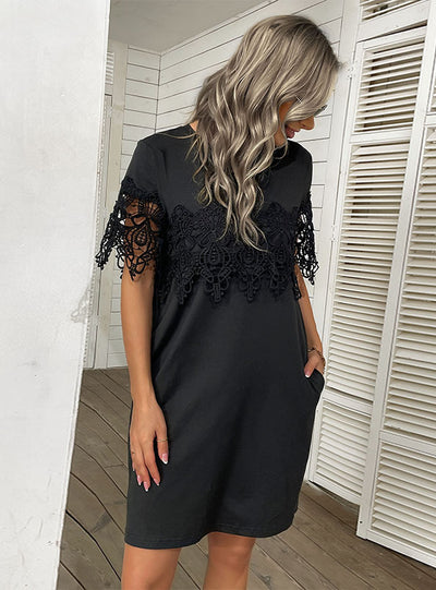 Loose Short-sleeved Lace Stitching Black Dress