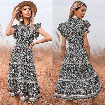 Black Floral National Wind Dress