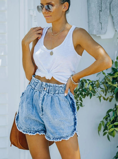 Raw Denim Elastic Waist Shorts