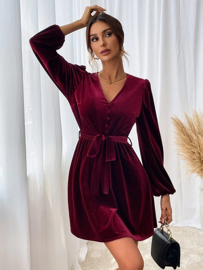 V-neck Long Sleeve Velvet Dress