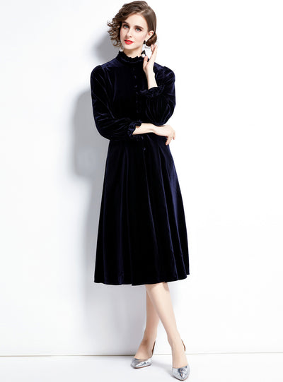 Velvet Wooden Ear Collar Mid-length Dress