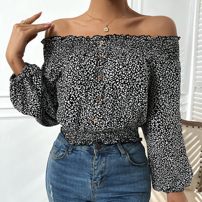 Off the Shoulder Leopard Print Long Sleeve Shirt