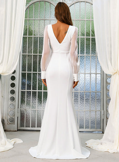 Deep V-neck Gauze Sleeve White Dress