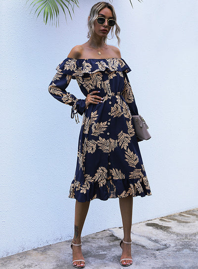 Long Sleeve Printed Flounce Dress