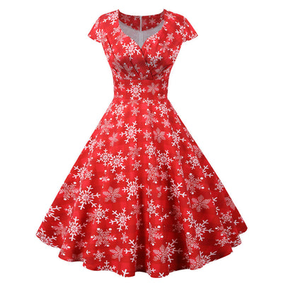 V-neck Short Sleeve Printed Big Swing Dress