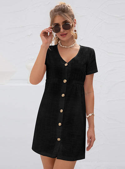 V-neck High Waist Button-down Dress