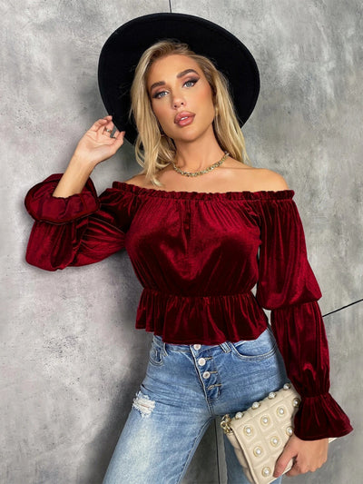 Ruffled Velvet Long-sleeved T-shirt Top