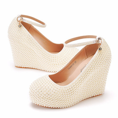 11cm Round Toe Wedge Pearl Wedding Shoes