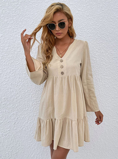 Design Button Trumpet Sleeve V-neck Dress