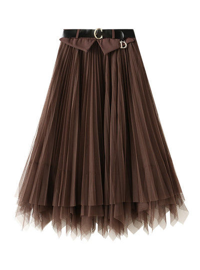 Retro Button Pleated Skirt Gauze