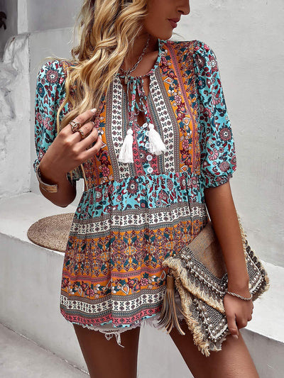 Fringed V-neck Printed Casual Shirt