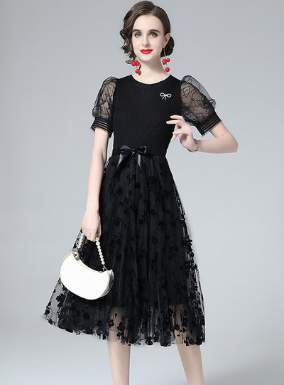 Heavy-duty Embroidered Bubble Sleeve Gauze Fake Two-piece Dress