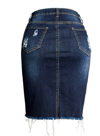 Slim-fit Worn Hole Hip Denim Skirt