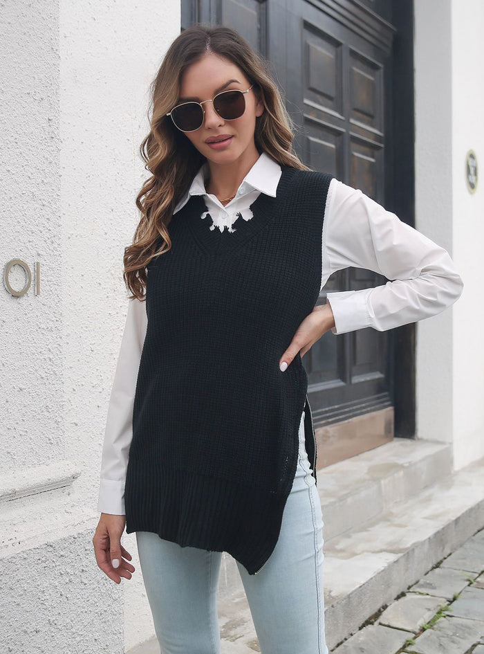 Side Zipper Split V-neck Vest Sweater Vest