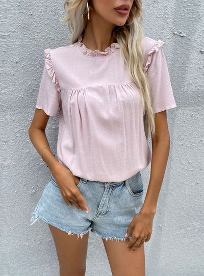 Pink Round Neck Wood Ear Fold Shirt