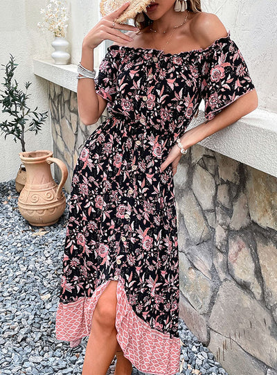 Irregular Collar Floral Off the Shoulder Dress