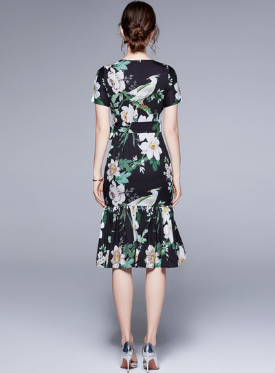 Round Neck Short Sleeve Flower Bird Print Dress