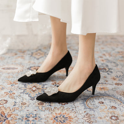 Women's Heel-pointed Black Suede Shoes