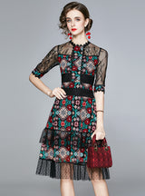 Embroidered Lace Retro Slim Medium-length Dress