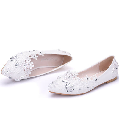 White Lace Flat Rhinestone Pearl Wedding Shoes