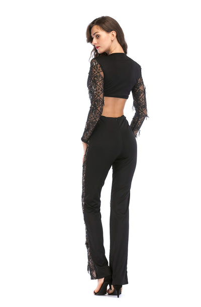 V-neck Long-sleeved Sequined Pant Suit