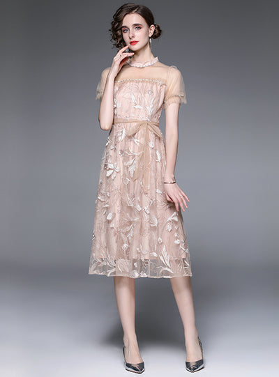 Tulle Short Sleeve Embroidery Dress