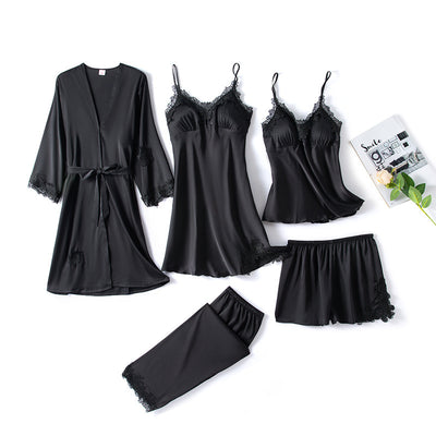 Womens Lace Satin Pajamas Gown Set V-Neck Cami Nighties