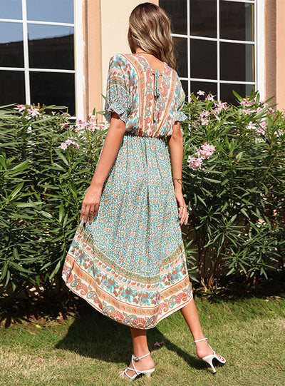 Printed Irregular V-neck Bohemian Dress