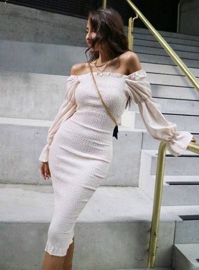 Long Sleeve Slash Neck Dresses Women Ruffles Midi Dresses