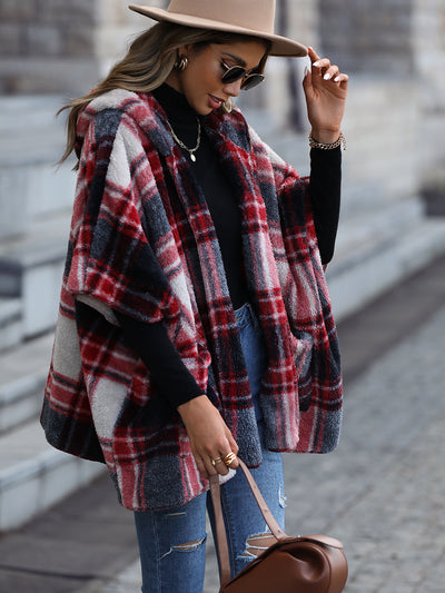 Women Plush Plaid Buttonless Coat