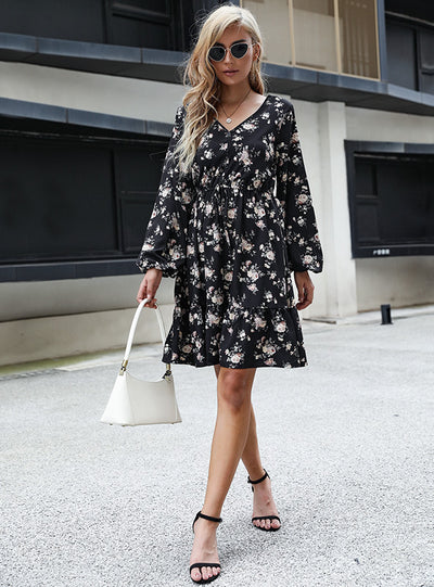 Printed V-neck Lace-up Dress