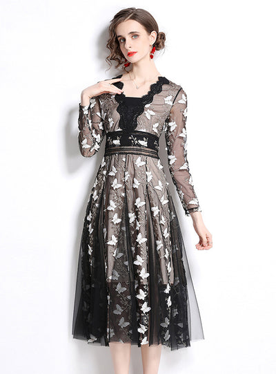 Mesh Butterfly Long Sleeve Embroidered Dress