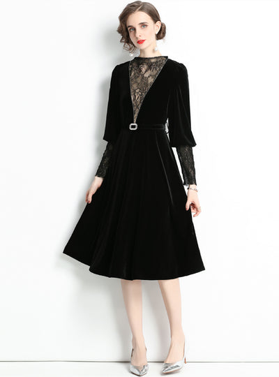 Retro Bubble Sleeve Lace Velvet Dress