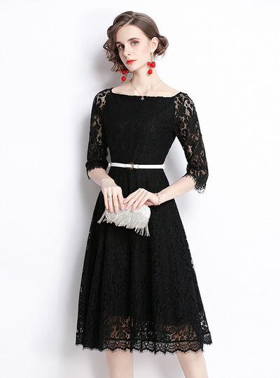 Women Lace Cropped Sleeve Slim Dress