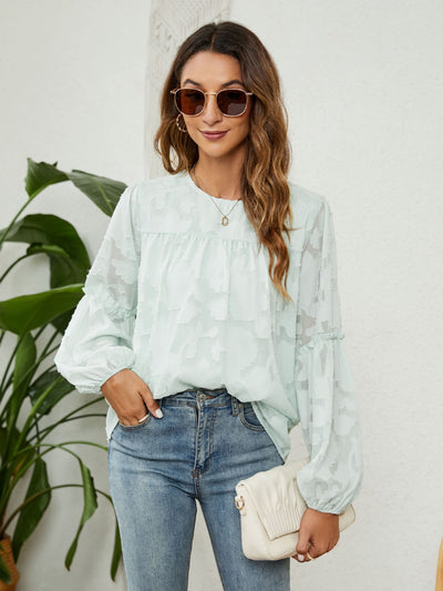 Lantern Sleeve Round Neck Pleated Shirt