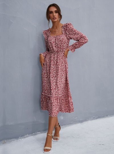 Floral Long Sleeve Chiffon Flounce Dress