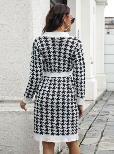 Cardigan Houndstooth Single-breasted Knitted Dress