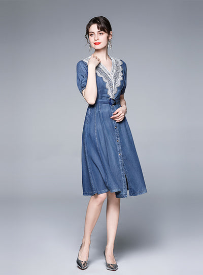 Lace Short Sleeve Loose Denim Dress