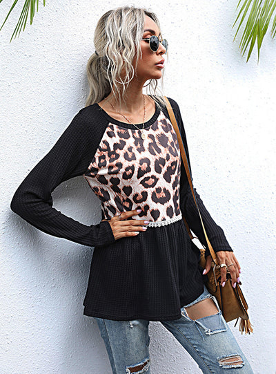 Long Sleeve Leopard Print Black T-shirt