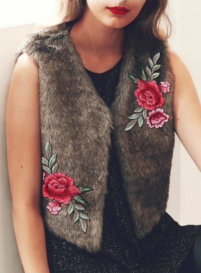 Women's Embroidered Fur Vest Wool Vest