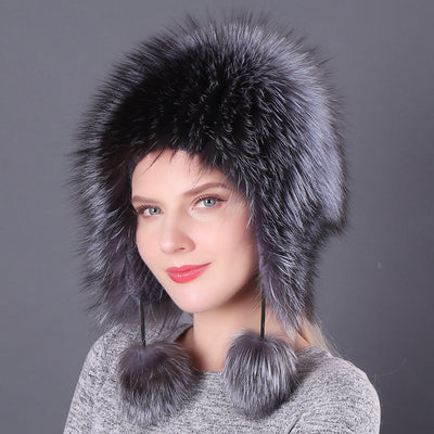 Women Fox Fur Hat Fur Ball