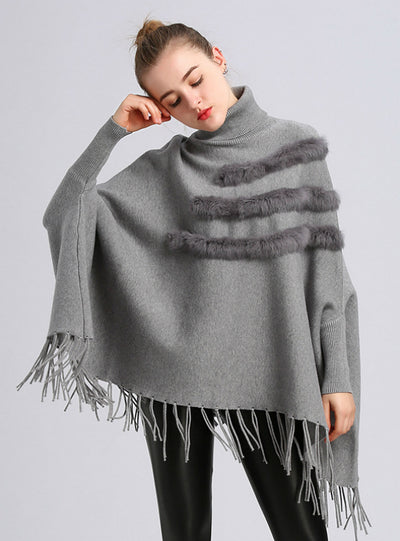 High Necked Bat Sleeve Fringed Turtleneck Cloak