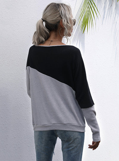 Loose Stitching Pullover Contrast Long Sleeve T-shirt