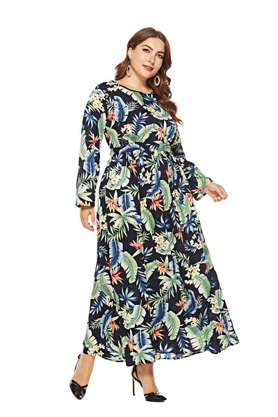 Long Sleeve Printed Big Swing Chiffon Dress