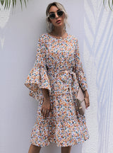 Lotus Leaf Round Collar Floral Trumpet Sleeve Dress