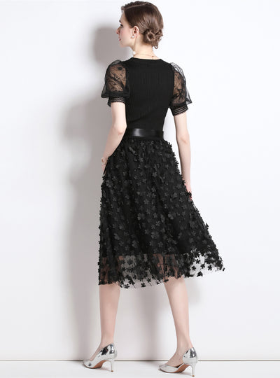 Black Gauze Bubble Sleeve Dress