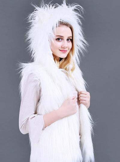 Hooded Vest Long Hair Faux Fur Coat Belt Led Lamp