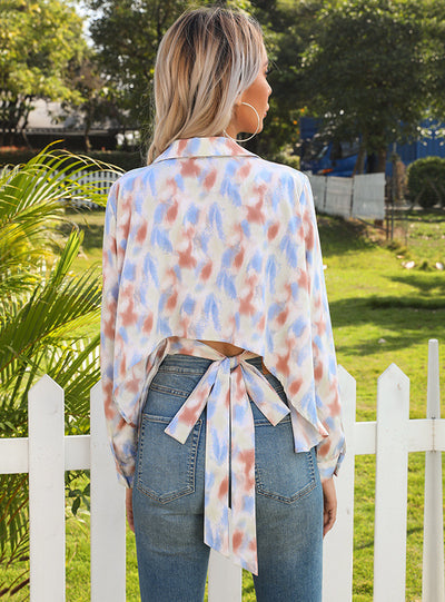 Open-back Tie-dyed Lapel Long Sleeve Shirt